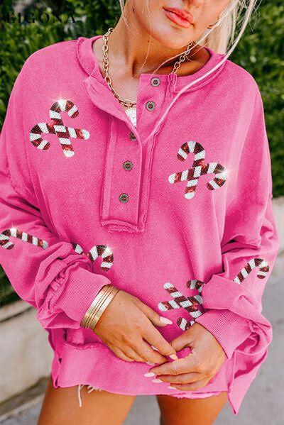 Candy Cane Sequin Exposed Seams Half Button Sweatshirt Hot Pink Clothes Ship From Overseas SYNZ
