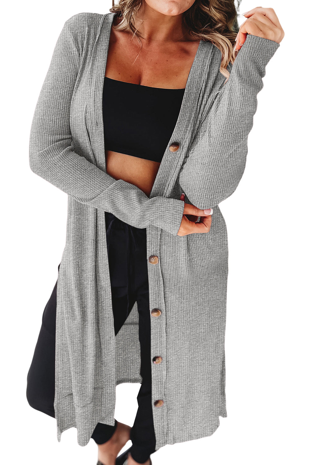 Gray Ribbed Button-Up Split Duster Cardigan