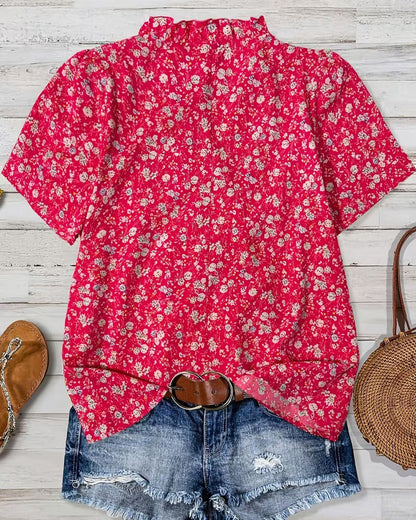 V-neck Button Floral Print Blouse