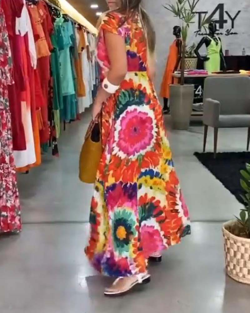 Colorful Floral Print Pocket Dress