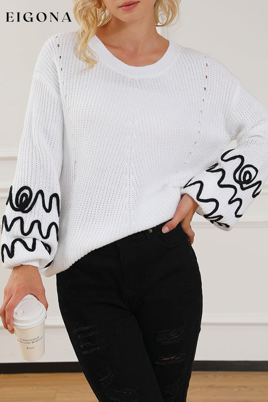 White Abstract Crochet Bubble Sleeve Loose Sweater White 100%Acrylic All In Stock clothes Season Fall & Autumn Style Casual Sweater sweaters
