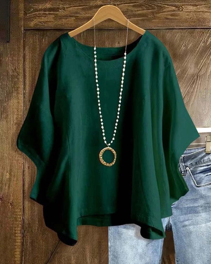 Crewneck Solid Batwing Sleeve Blouse