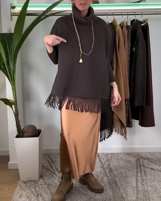 High neck solid color tassel pullover 2024 f/w pullovers