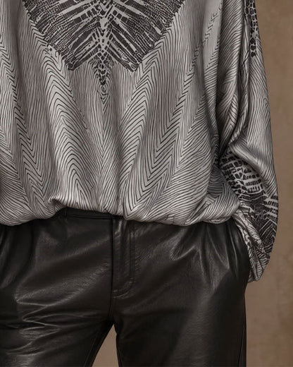 Patterned V-Neck Loose Blouse