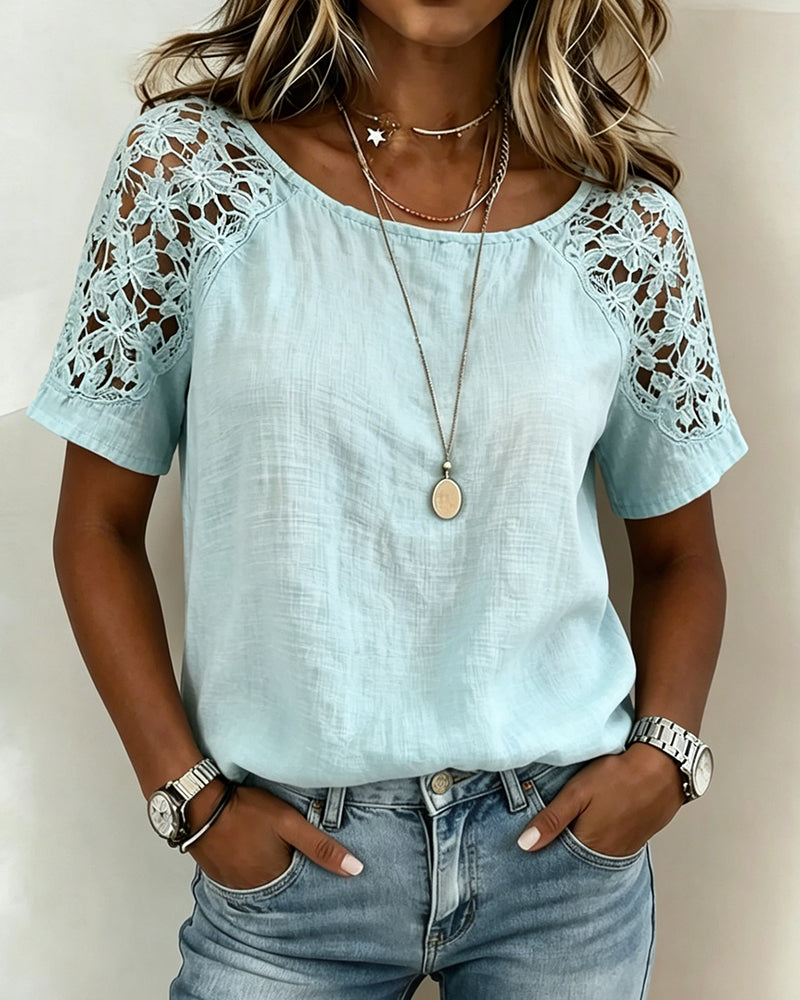 Lace Hollow Out Patchwork Short Sleeve Blouse
