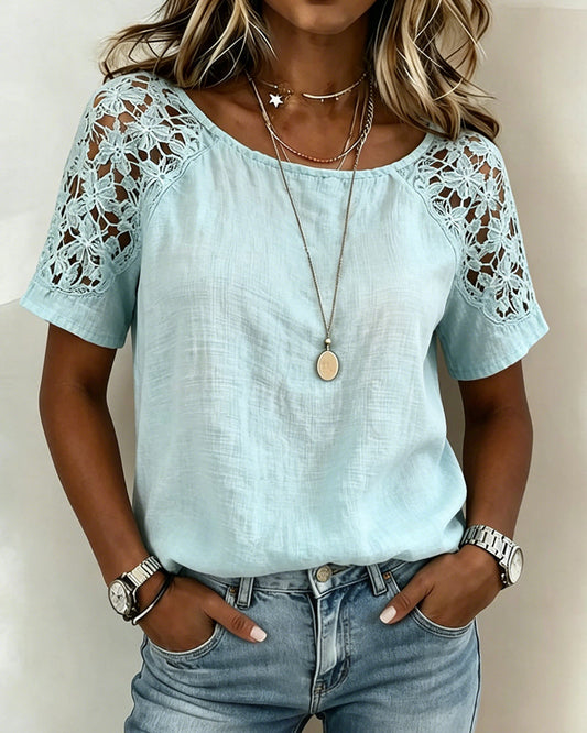 Lace Hollow Out Patchwork Short Sleeve Blouse blouses & shirts spring summer