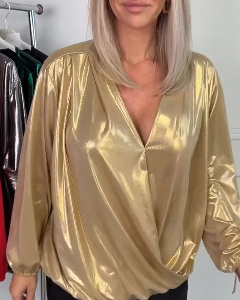 Loose V-Neck Long-Sleeved Top