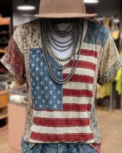 V-Neck Short-Sleeve Patchwork T-Shirt