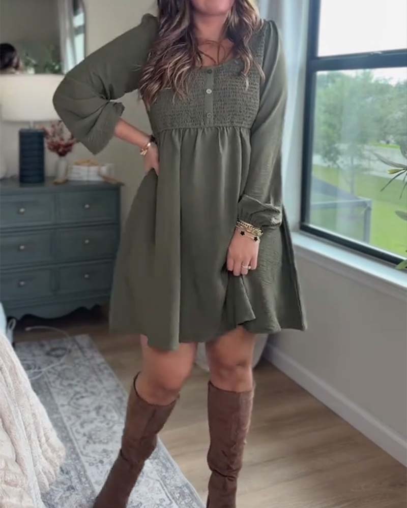 Casual Solid Color U-Neck Long-Sleeved Dress