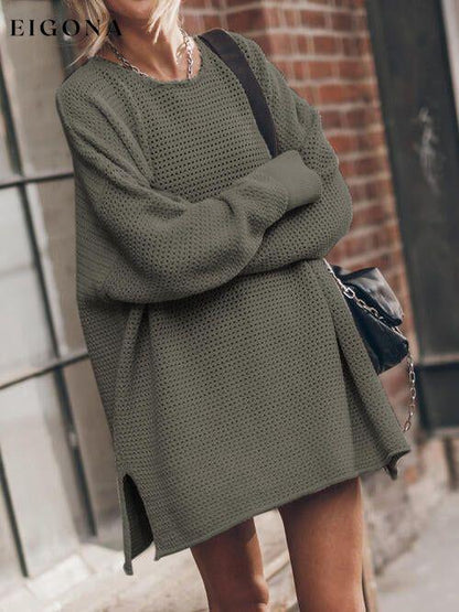 Openwork Round Neck Long Sleeve Slit Oversized Fashion Sweater Army Green A@Y@M clothes Ship From Overseas sweater sweaters Sweatshirt