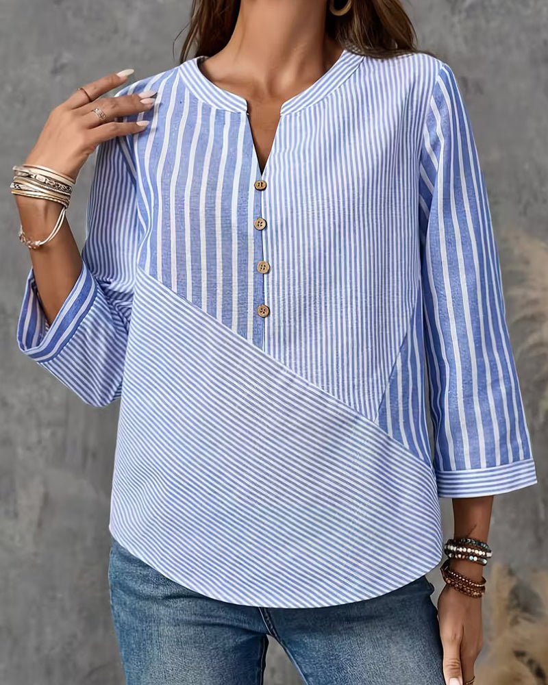 Button-Down V-Neck Striped Blouse