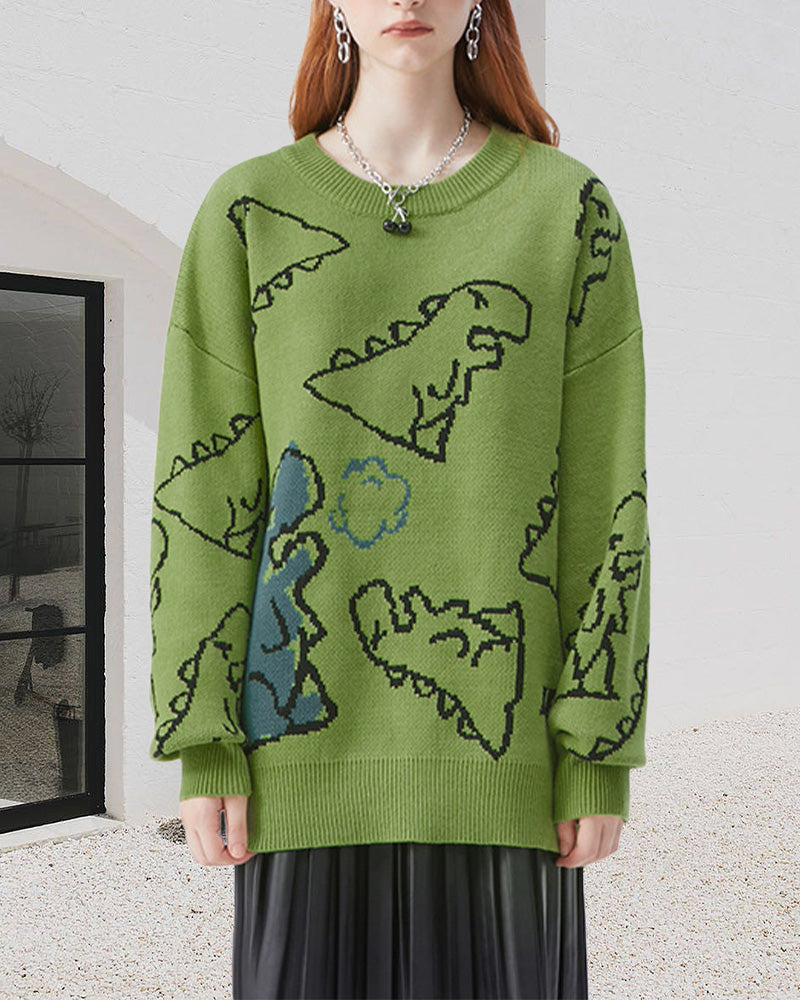 Dinosaur pattern crew neck casual sweater 2024 f/w pullovers