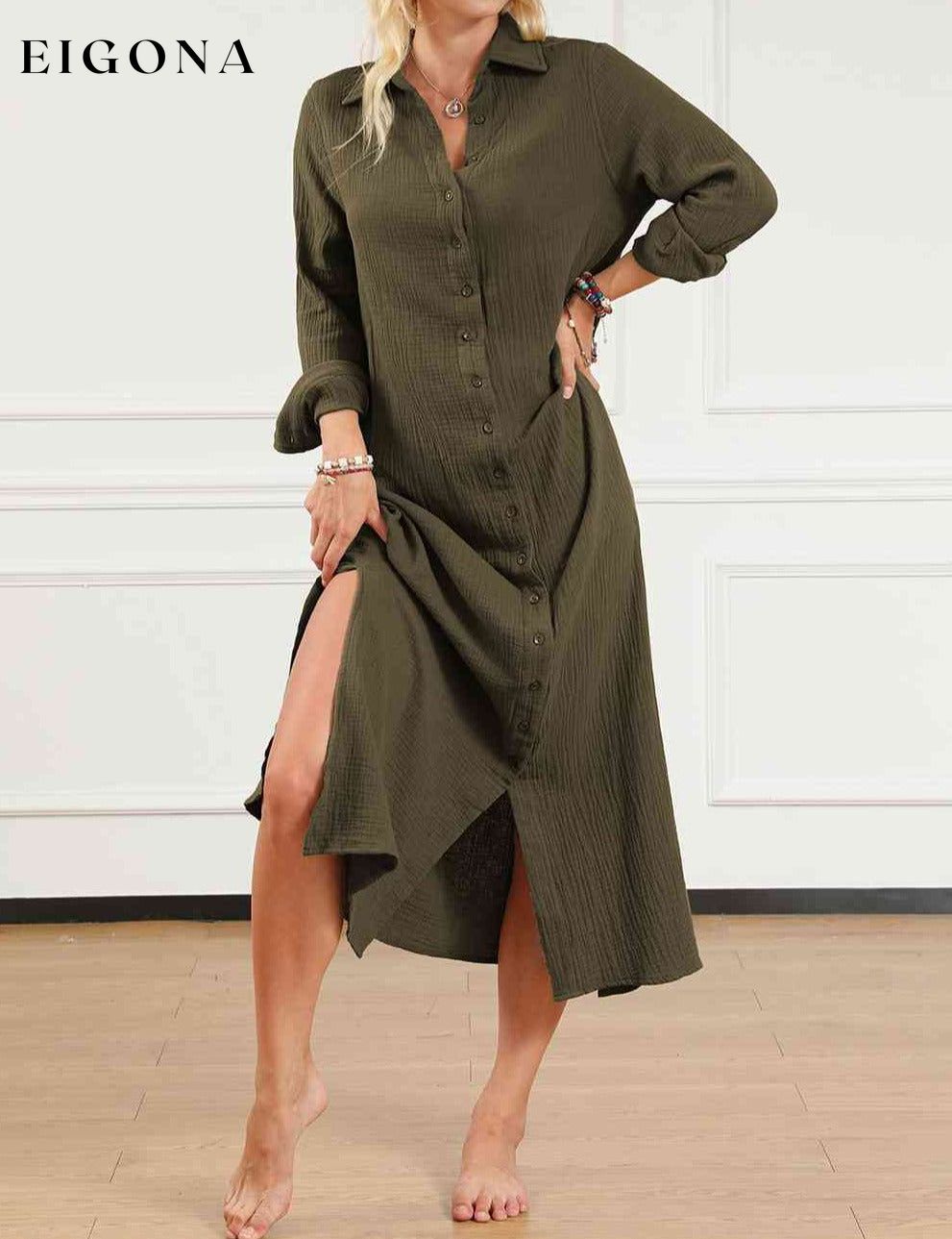 Texture Collared Neck Button Up Slit Shirt Dress clothes Ship From Overseas SYNZ