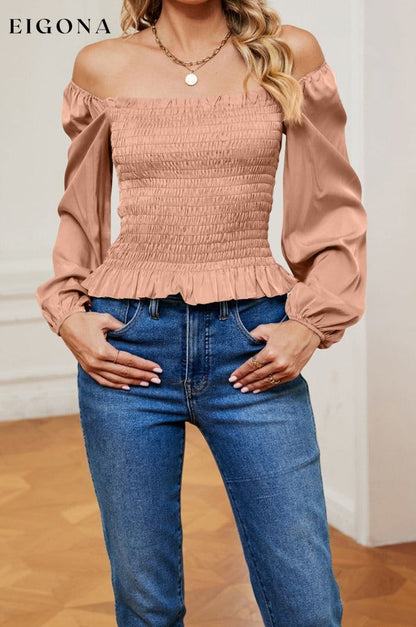 Smocked Off-Shoulder Ruffle Hem Blouse Light Apricot clothes long sleeve shirt off the shoulder shirt ruffled shirt Ship From Overseas Shipping Delay 09/29/2023 - 10/02/2023 shirt shirts X&D