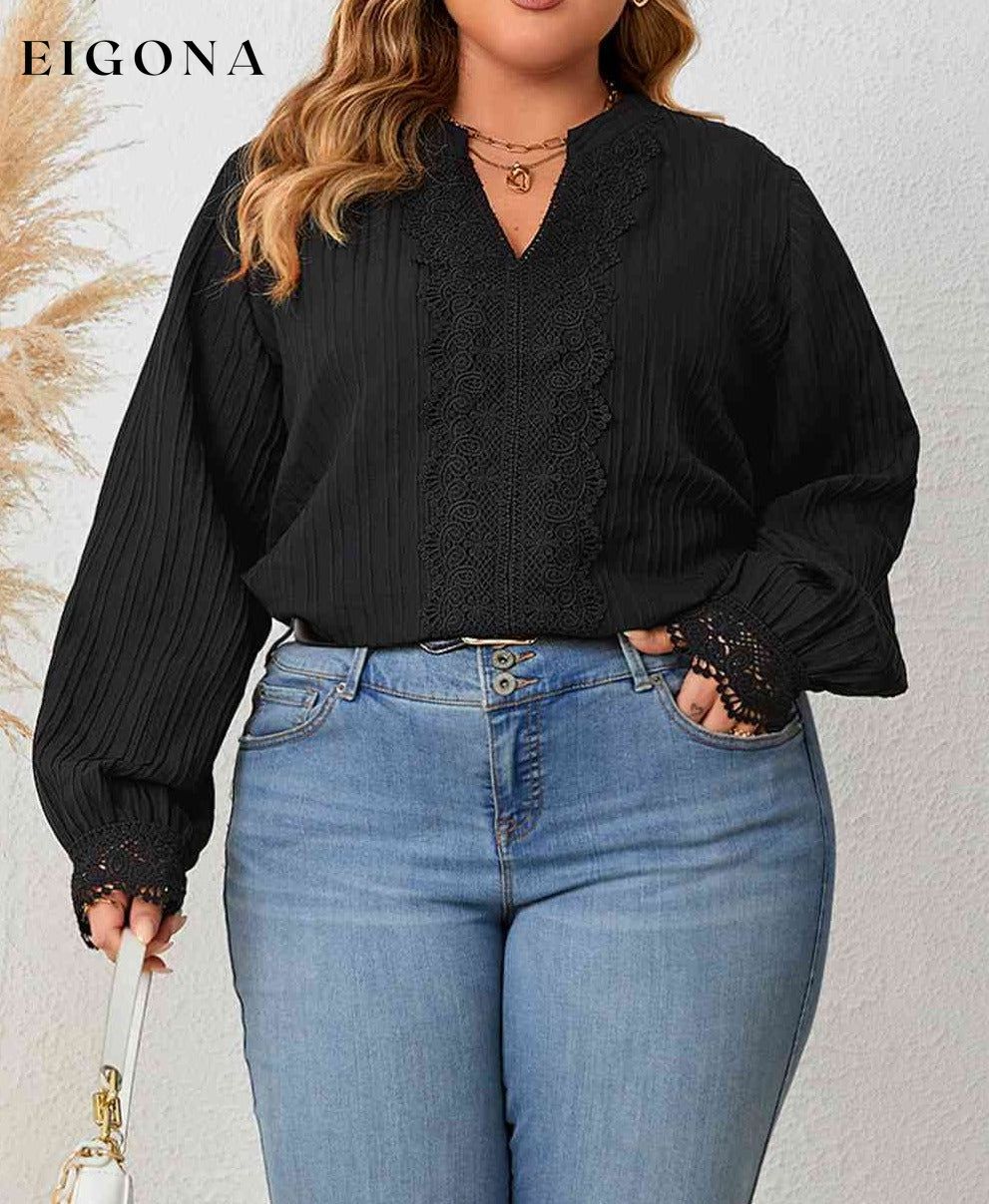 Plus Size Notched Neck Lace Detail Blouse Black black shirt black top clothes HS long sleeve shirt long sleeve shirts long sleeve top Ship From Overseas shirt shirts top tops