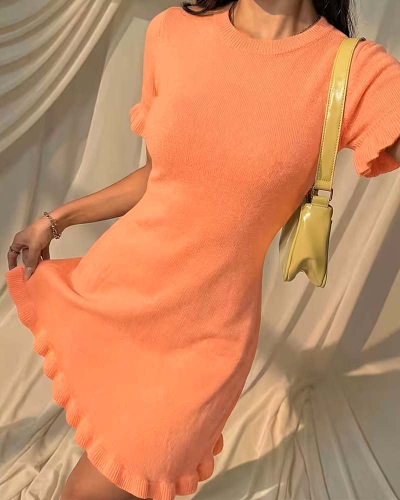 Round Neck Short Sleeve Ruffle A Hem Dress