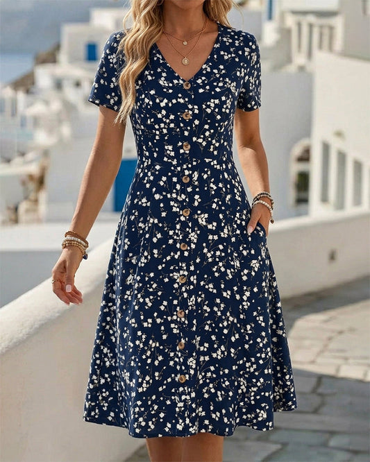 V-Neck Button Waist-Cinched A-Line Dresses casual dresses spring summer