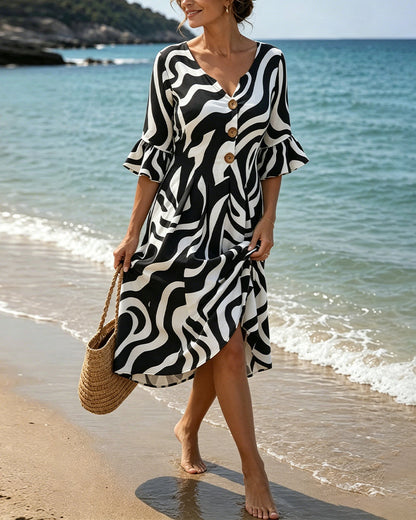 V-Neck Button Zebra Loose Dresses