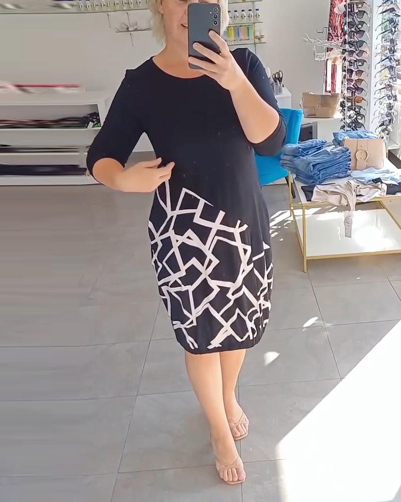 Long-Sleeved Geometric Pattern Dress