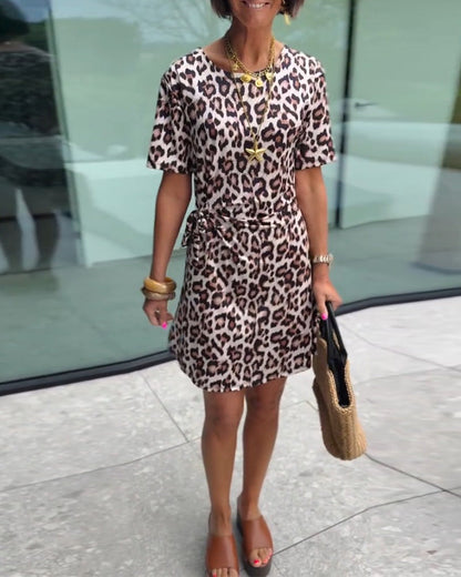 Round Neck Leopard Print Short Sleeve Dress