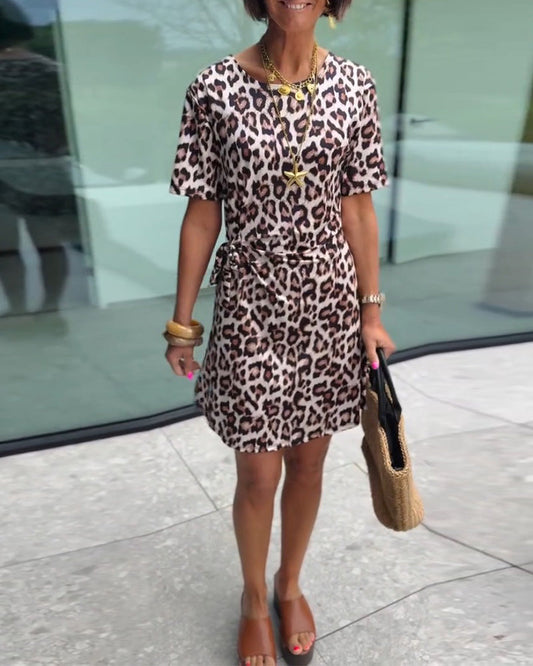 Round Neck Leopard Print Short Sleeve Dress