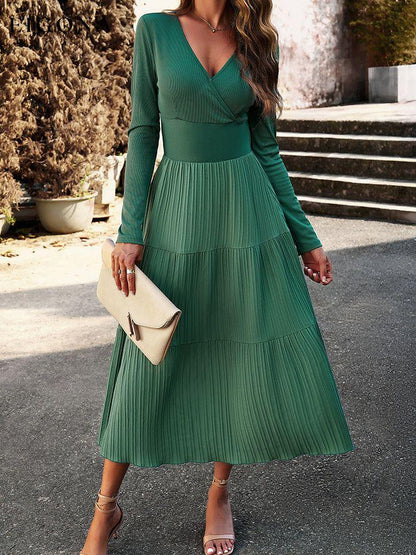 Surplice Neck Long Sleeve Smocked Waist Midi Dress clothes DY Ship From Overseas trend