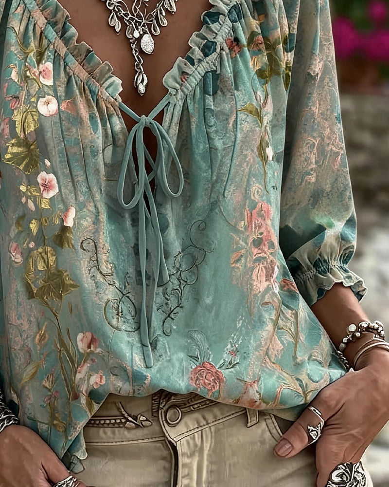 Floral Print Drawstring Three-Quarter Sleeve Blouse
