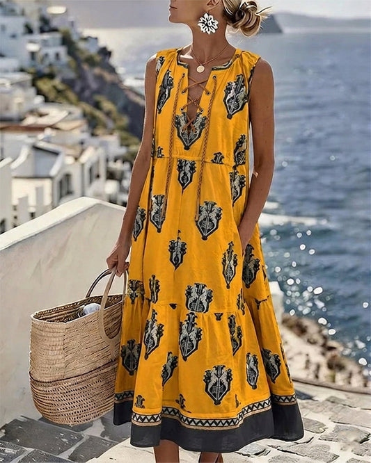 Ethnic Print Tie Sleeveless Long Dresses casual dresses spring summer