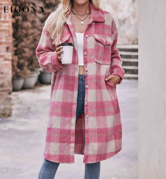 Plaid Dropped Shoulder Slit Coat Coral clothes coat jacket long sleeve Mandy Ship From Overseas