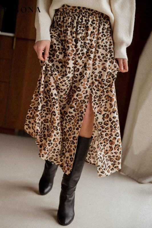 Animal Print High Waist Side Slit Long Skirt Leopard 100%Polyester All In Stock bottoms clothes EDM Monthly Recomend Occasion Daily Print All Over Print Leopard Season Fall & Autumn Silhouette A-Line skirts Style Elegant