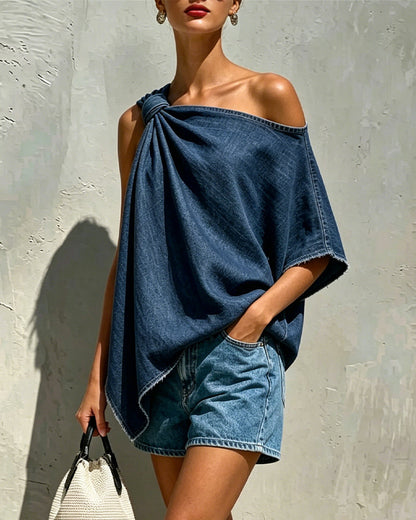 Denim Kink One Shoulder Blouse