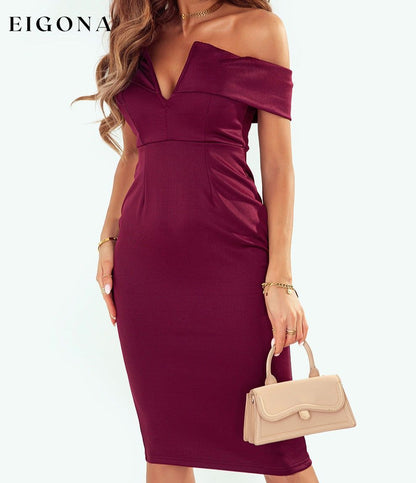 Off-Shoulder Zip-Back Slit Dress Wine clothes dress dresses formal dress formal dresses midi dress midi dresses Ship From Overseas SYNZ