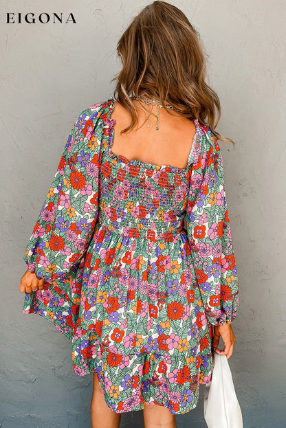 Floral Smocked Bust Square Neck Ruffled Dress All In Stock casual dress clothes Color Multicolor Color Red Craft Smocked dress dresses long sleeve dress long sleeve dresses Occasion Daily Print Floral Season Spring short dresses Silhouette A-Line Style Southern Belle
