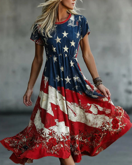 Flag Crew Neck Waist A-Line Dress casual dresses spring summer
