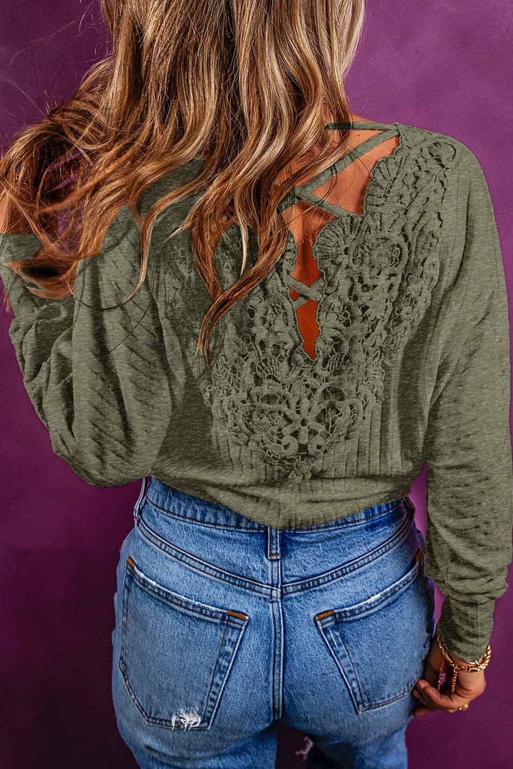 Laurel Green Lace-up Crochet Open Back Ribbed Top Laurel Green 95%Polyester+5%Elastane clothes long sleeve shirt long sleeve shirts long sleeve top long sleeve tops shirt shirts top tops