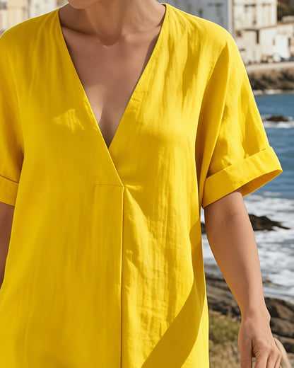 Pure Cotton Short-Sleeved V-Neck Straight Dress