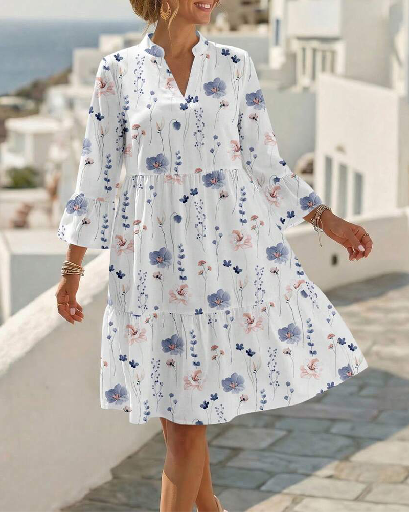 V-Neck Floral Print Midi Dress
