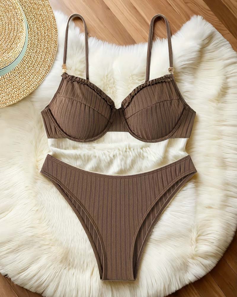 Ribbed Ruffle Solid Bikini