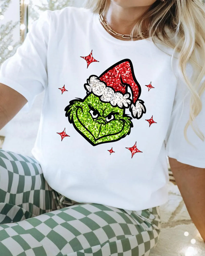 Faux glitter grinch face christmas t-shirt