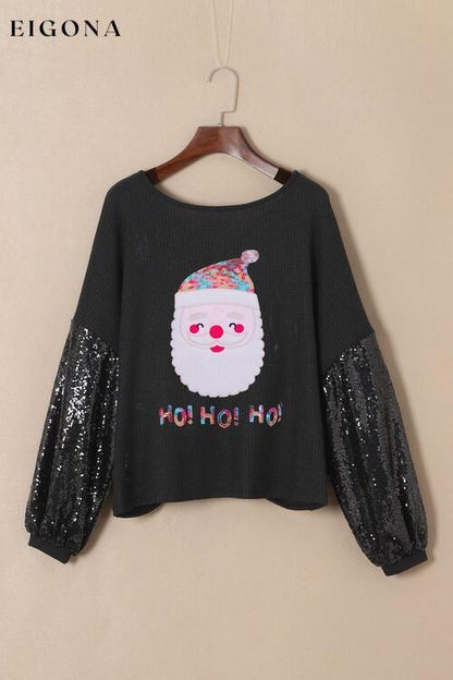 Waffle-Knit Santa Graphic Sequin Long Sleeve Blouse clothes Ship From Overseas SYNZ