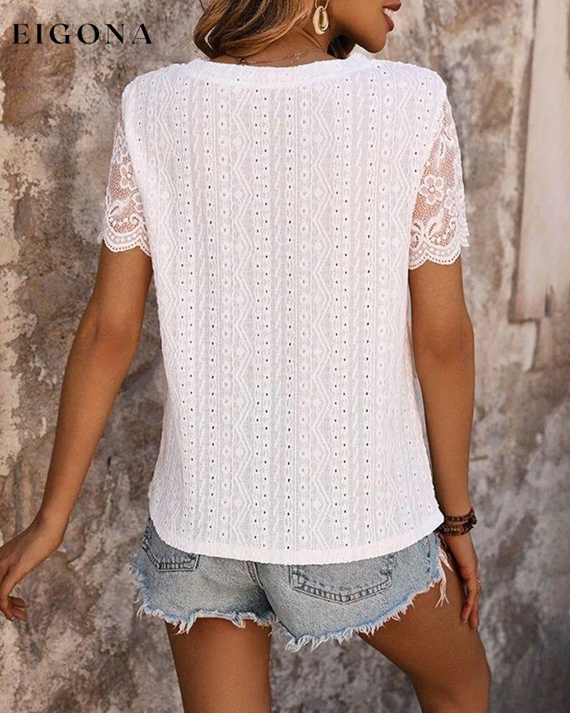 Lace paneled short-sleeve solid color top blouses & shirts spring summer