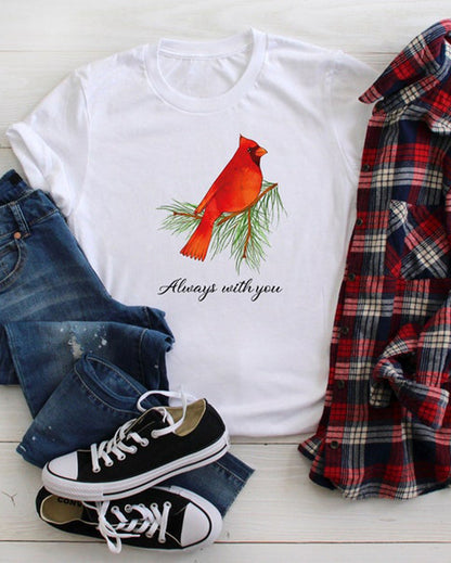 Always With You Cardinal bird print casual T-shirt 2024 f/w cute animals summer t-shirts