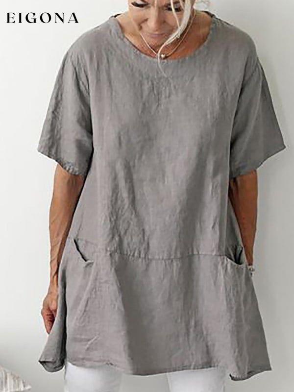 Woman's solid color cotton linen short sleeves crew neck pocket size T-shirt cotton linens