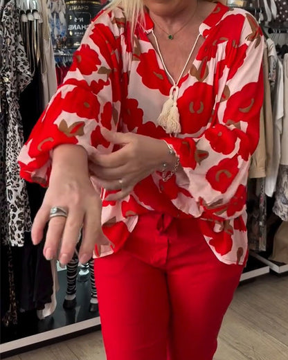 Big Floral Tie V-Neck Blouse