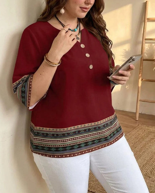 Ethnic-Style Striped Three-Quarter Sleeve Blouse blouses & shirts spring summer