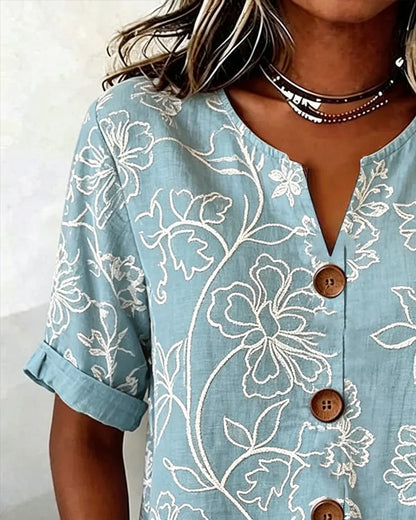 V-Neck Peony Print Button Blouse
