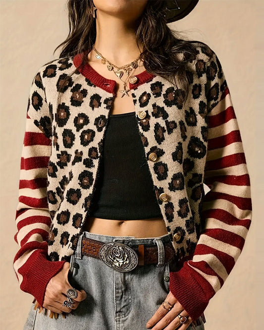 Leopard Stripe Color Block Button-Down Cardigan 2024 f/w cardigans