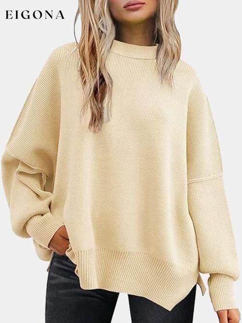 Round Neck Drop Shoulder Slit Sweater Ivory clothes R.T.S.C Ship From Overseas Sweater sweaters Sweatshirt