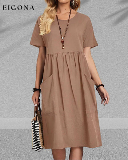 Round neck pleated short sleeve dress 23BF Casual Dresses Clothes Cotton and Linen Dresses Spring Summer