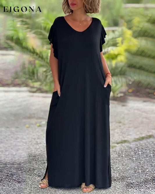 Solid color pocket short sleeve long dress Black Casual Dresses Clothes Dresses SALE Summer
